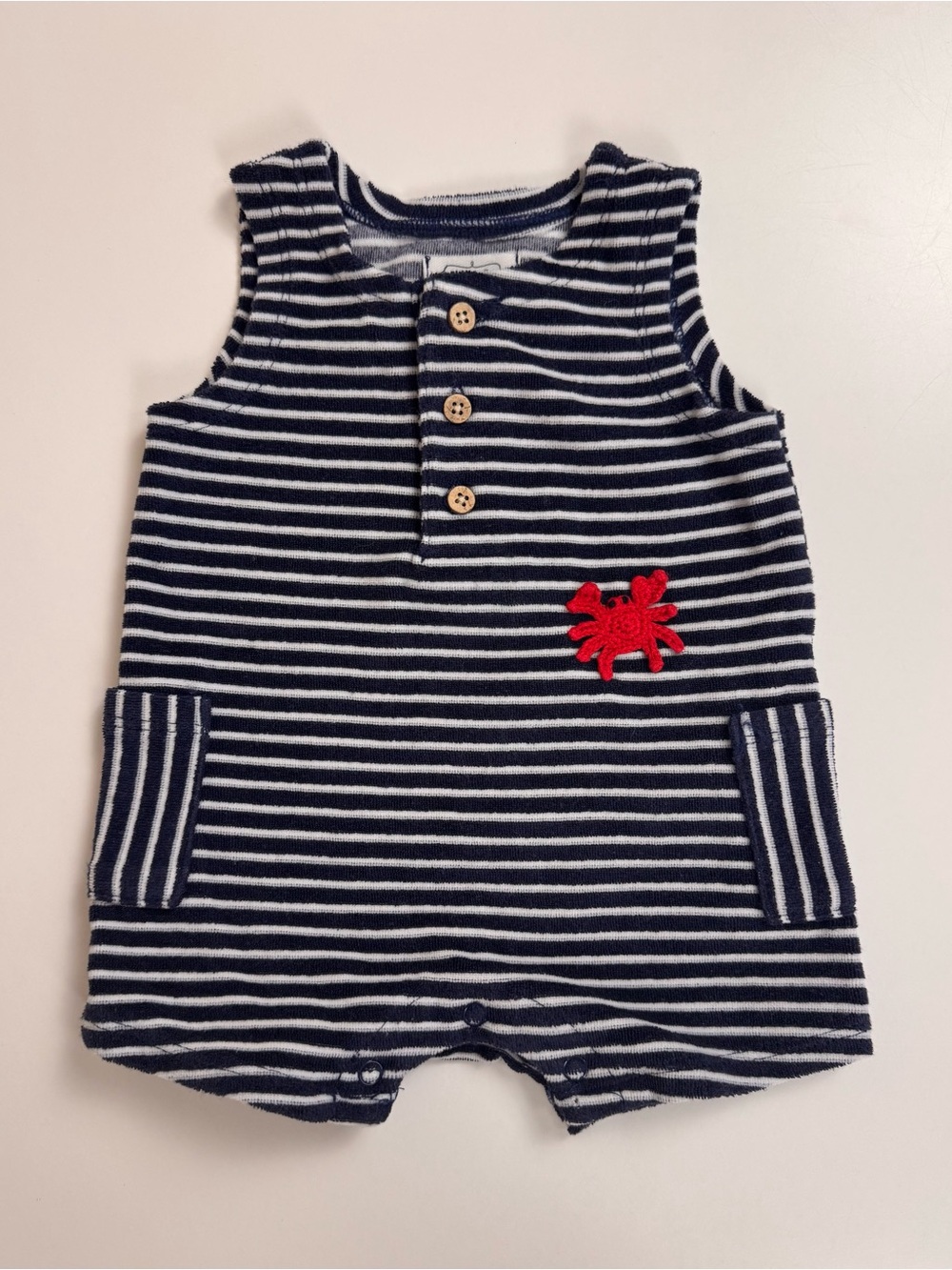 Mud Pie 0-3M Navy & White Striped Terry Cloth Romper with Crochet Crab